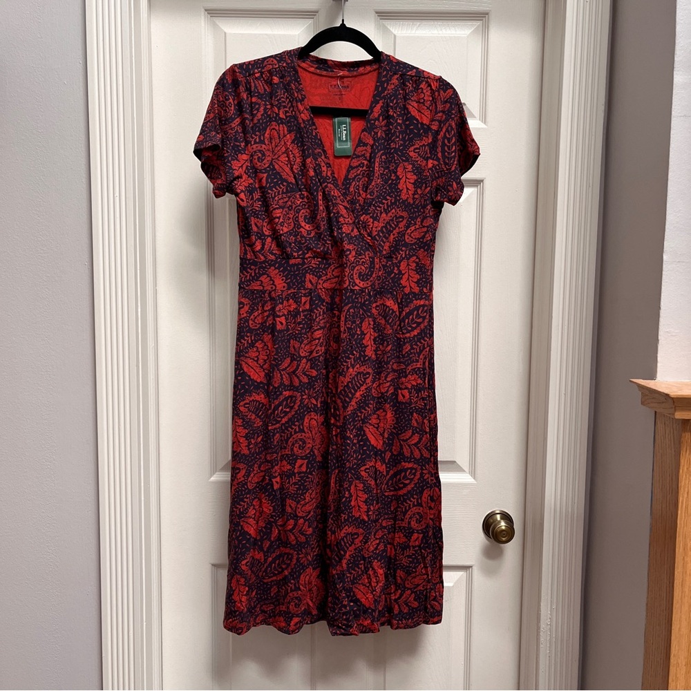 NEW! L.L. Bean (Sz S) Elegant Red and Navy Paisley Summer Knit Dress
